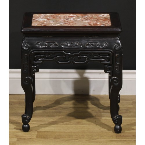 1298 - A Chinese hardwood waisted fangdeng or jardiniere stand, rectangular top with inset marble panel, sh... 