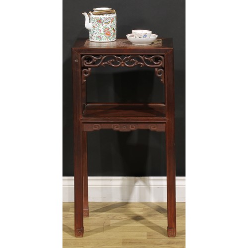 1297 - A Chinese hardwood vase stand or tea table, rectangular top with inset marble panel, shaped apron pi... 