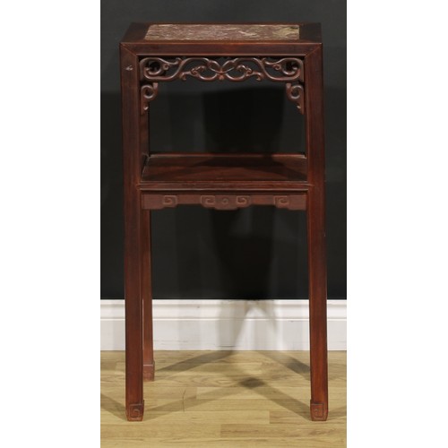 1297 - A Chinese hardwood vase stand or tea table, rectangular top with inset marble panel, shaped apron pi... 