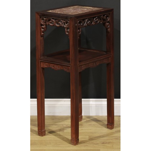 1297 - A Chinese hardwood vase stand or tea table, rectangular top with inset marble panel, shaped apron pi... 