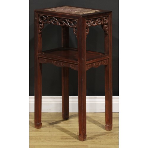 1297 - A Chinese hardwood vase stand or tea table, rectangular top with inset marble panel, shaped apron pi... 