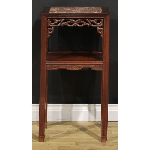 1297 - A Chinese hardwood vase stand or tea table, rectangular top with inset marble panel, shaped apron pi... 