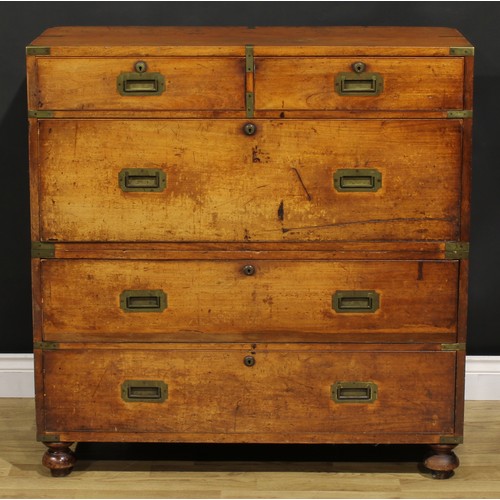 1289 - A 19th century brass bound teak campaign chest, bisecting for military transport, caddy top above tw... 