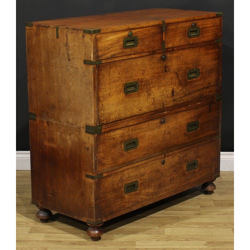 1289 - A 19th century brass bound teak campaign chest, bisecting for military transport, caddy top above tw... 