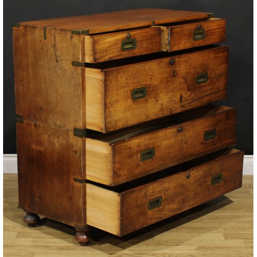 1289 - A 19th century brass bound teak campaign chest, bisecting for military transport, caddy top above tw... 