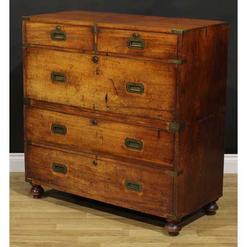 1289 - A 19th century brass bound teak campaign chest, bisecting for military transport, caddy top above tw... 