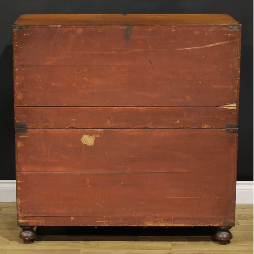 1289 - A 19th century brass bound teak campaign chest, bisecting for military transport, caddy top above tw... 