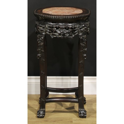 2065 - A Chinese hardwood jardiniere stand, shaped circular top with beaded border and inset marble panel, ... 