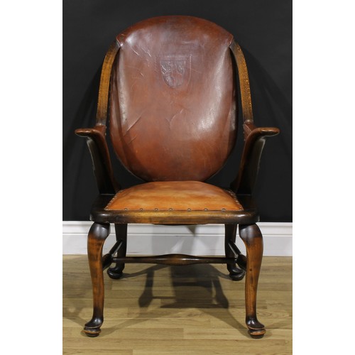 2103 - A pair of Art Deco period beech library club reading chairs, stuffed-over upholstery, the back with ... 