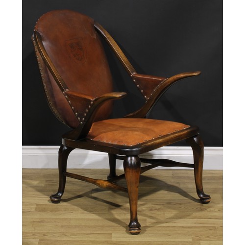 2103 - A pair of Art Deco period beech library club reading chairs, stuffed-over upholstery, the back with ... 