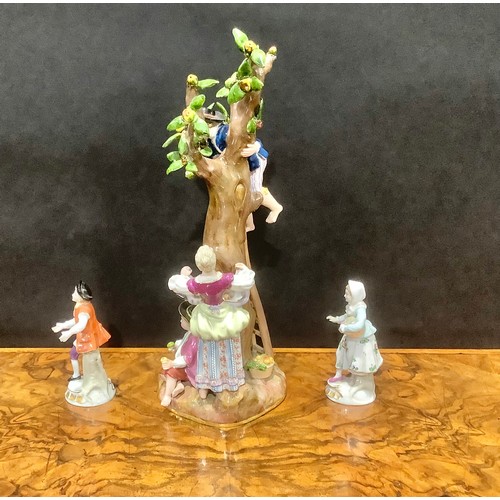 254 - A 19th century Meissen porcelain figure group, The Apple Pickers, modelled with mother and three chi... 