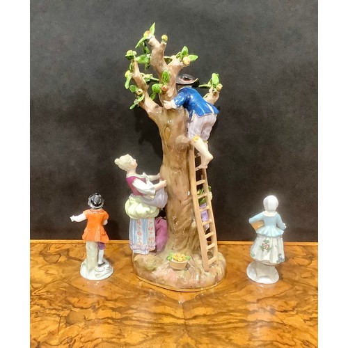 254 - A 19th century Meissen porcelain figure group, The Apple Pickers, modelled with mother and three chi... 