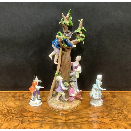 254 - A 19th century Meissen porcelain figure group, The Apple Pickers, modelled with mother and three chi... 