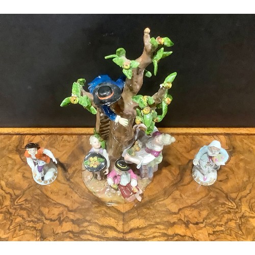 254 - A 19th century Meissen porcelain figure group, The Apple Pickers, modelled with mother and three chi... 