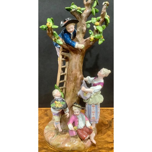 254 - A 19th century Meissen porcelain figure group, The Apple Pickers, modelled with mother and three chi... 