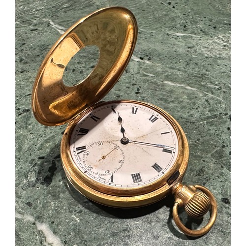 856 - An 18ct gold half hunter cased pocket watch, Chester 1923, white enamel dial, /roman numerals, subsi... 