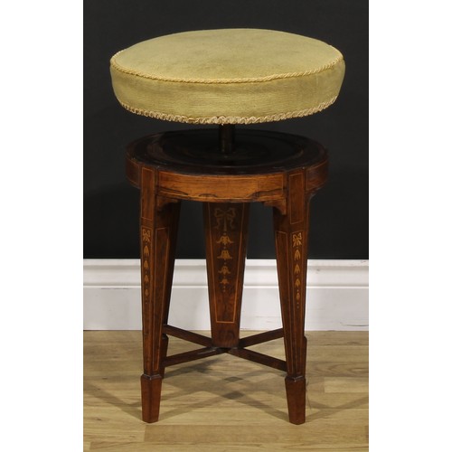 2128 - An Edwardian rosewood and marquetry height-adjustable piano stool, stuffed-over seat, tapered square... 