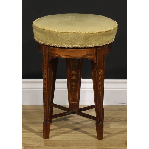 2128 - An Edwardian rosewood and marquetry height-adjustable piano stool, stuffed-over seat, tapered square... 