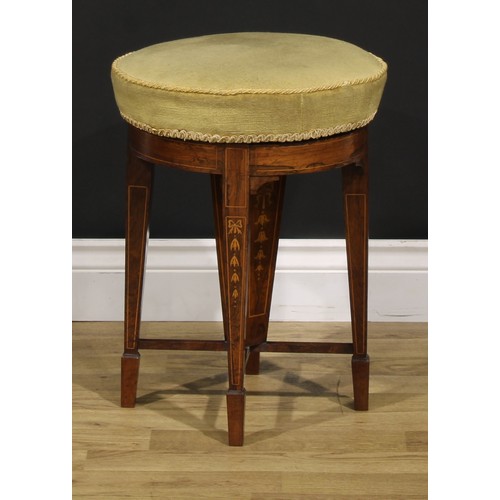 2128 - An Edwardian rosewood and marquetry height-adjustable piano stool, stuffed-over seat, tapered square... 