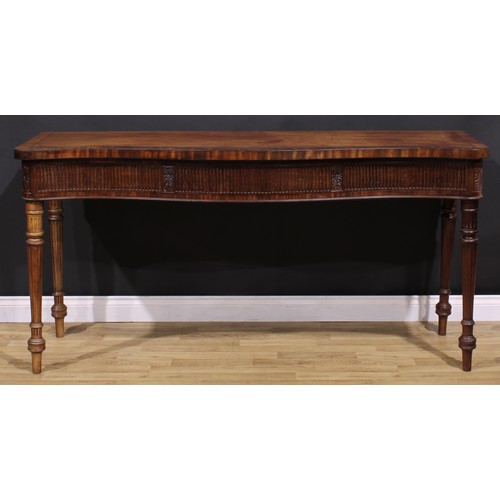 1281 - A 19th century Adam Revival campaign serpentine serving table, slightly oversailing crossbanded top ... 