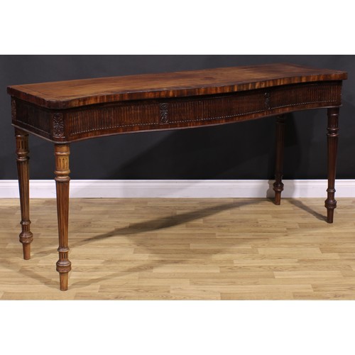 1281 - A 19th century Adam Revival campaign serpentine serving table, slightly oversailing crossbanded top ... 