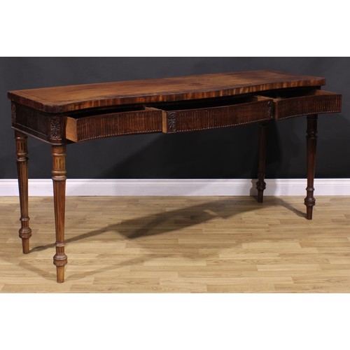 1281 - A 19th century Adam Revival campaign serpentine serving table, slightly oversailing crossbanded top ... 