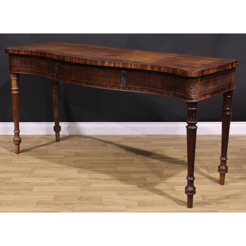 1281 - A 19th century Adam Revival campaign serpentine serving table, slightly oversailing crossbanded top ... 