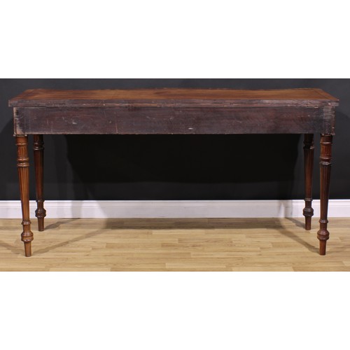 1281 - A 19th century Adam Revival campaign serpentine serving table, slightly oversailing crossbanded top ... 