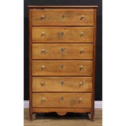 1292 - A 19th century Continental cherry chest, of six long drawers, shaped apron, cabriole forelegs, proba... 