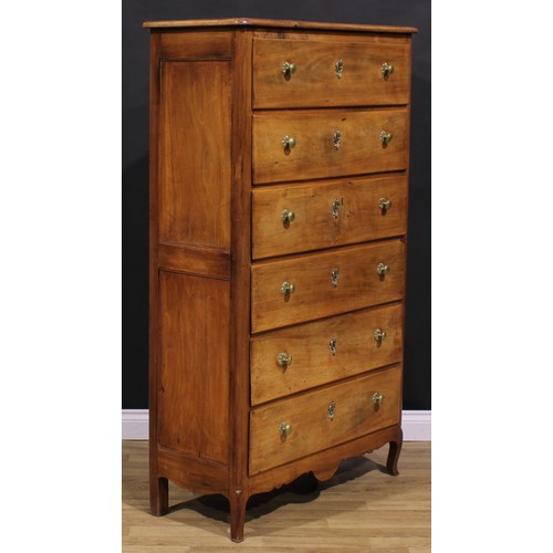 1292 - A 19th century Continental cherry chest, of six long drawers, shaped apron, cabriole forelegs, proba... 