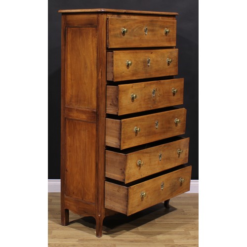 1292 - A 19th century Continental cherry chest, of six long drawers, shaped apron, cabriole forelegs, proba... 