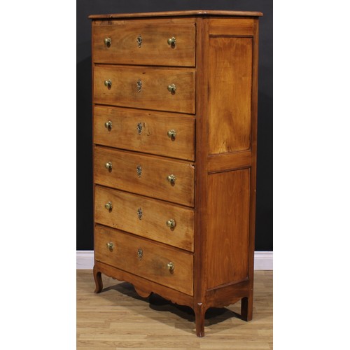 1292 - A 19th century Continental cherry chest, of six long drawers, shaped apron, cabriole forelegs, proba... 