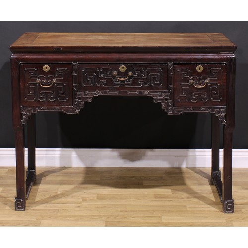 1658 - A Chinese hardwood altar table, waisted rectangular top above three frieze drawers, carved with styl... 