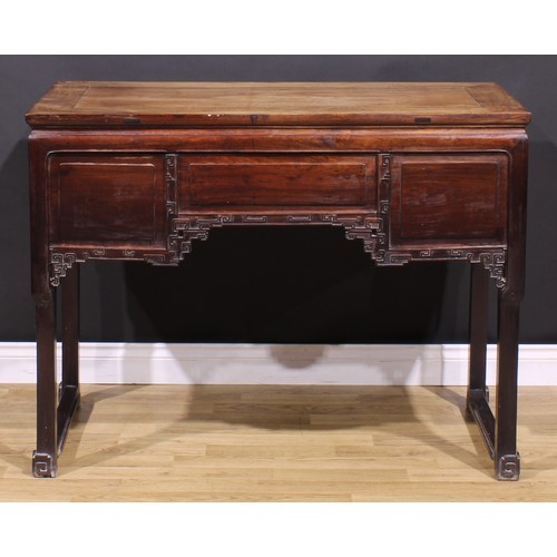 1658 - A Chinese hardwood altar table, waisted rectangular top above three frieze drawers, carved with styl... 