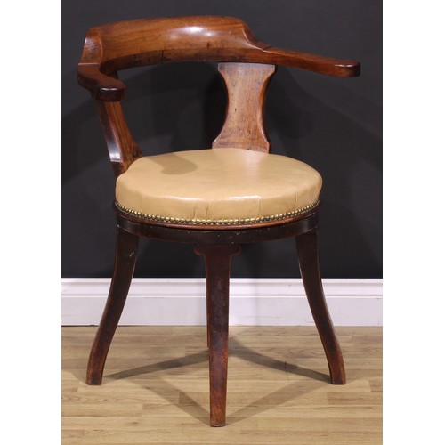 1482 - A Victorian mahogany swivel desk chair, stuffed-over seat, inverse-cabriole legs, 80.5cm high, 66cm ... 