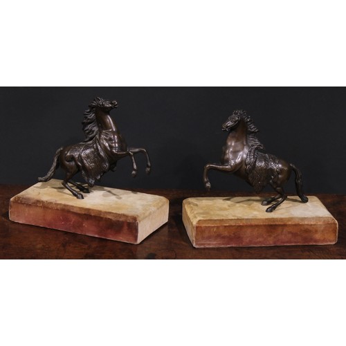 1506 - Continental School, early 20th century, a pair of brown patinated bronze models, rearing horses, 16c... 