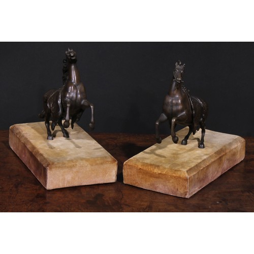 1506 - Continental School, early 20th century, a pair of brown patinated bronze models, rearing horses, 16c... 