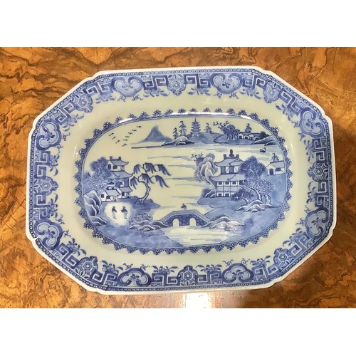 386 - A Chinese canted rectangular meat plate, decorated in tones of underglaze blue with figures in a mon... 