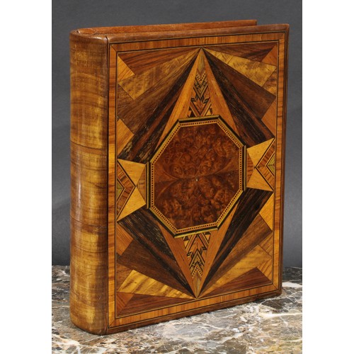 1500 - An early 20th century parquetry novelty box, as a book, the spine enclosing a fitted secret compartm... 