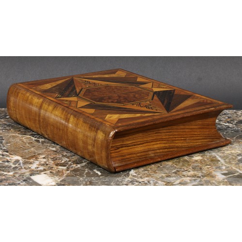 1500 - An early 20th century parquetry novelty box, as a book, the spine enclosing a fitted secret compartm... 