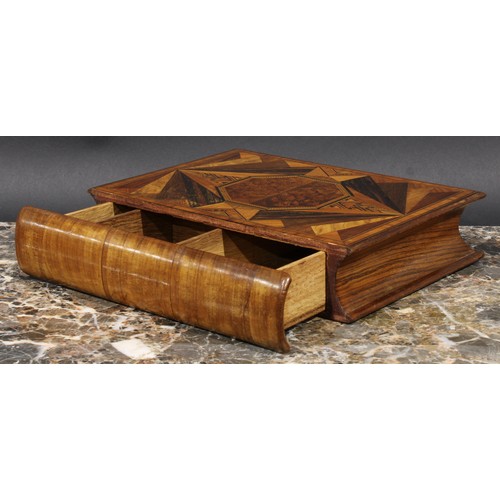 1500 - An early 20th century parquetry novelty box, as a book, the spine enclosing a fitted secret compartm... 