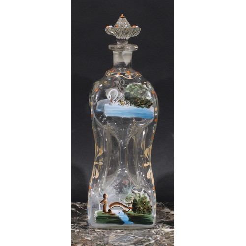 1492 - An early 20th century French painted glass pinched square decanter, decorated in polychrome enamels ... 