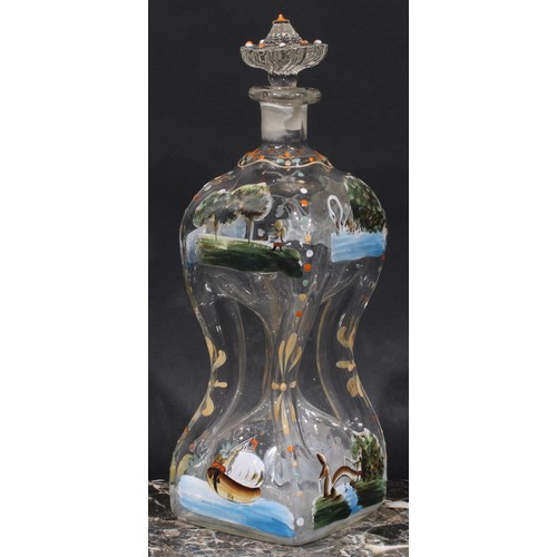 1492 - An early 20th century French painted glass pinched square decanter, decorated in polychrome enamels ... 