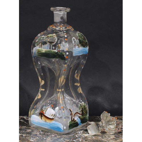 1492 - An early 20th century French painted glass pinched square decanter, decorated in polychrome enamels ... 