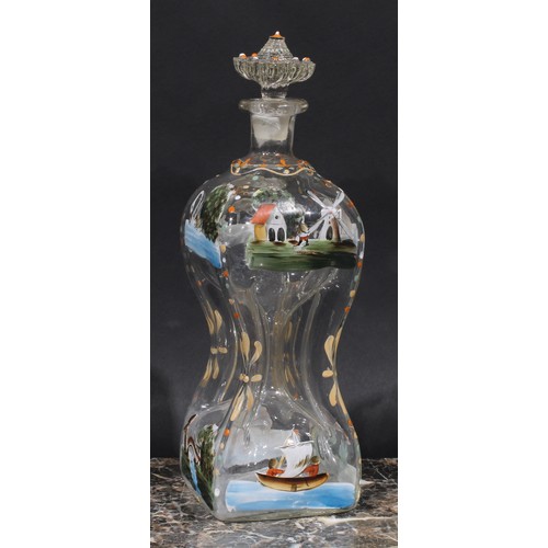 1492 - An early 20th century French painted glass pinched square decanter, decorated in polychrome enamels ... 