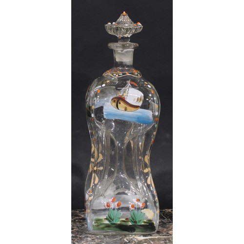 1492 - An early 20th century French painted glass pinched square decanter, decorated in polychrome enamels ... 