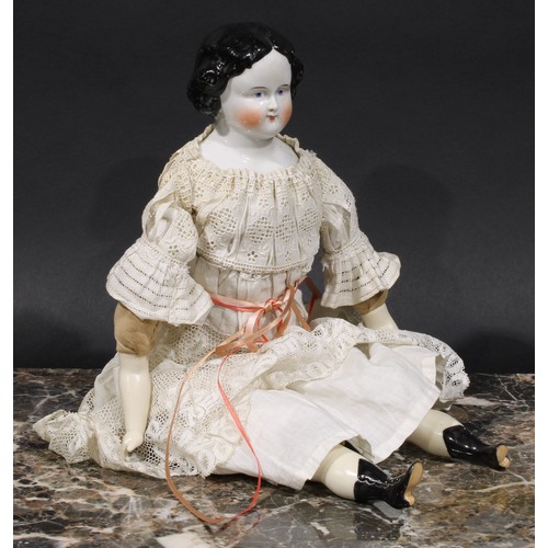 1493 - An early 20th century German porcelain doll, painted features, linen body, lace dress, 41cm long