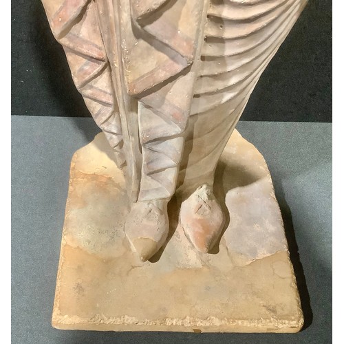 2040 - A Grand Tour terracotta figure, after an Ancient Greek kore, painted features, 69cm high