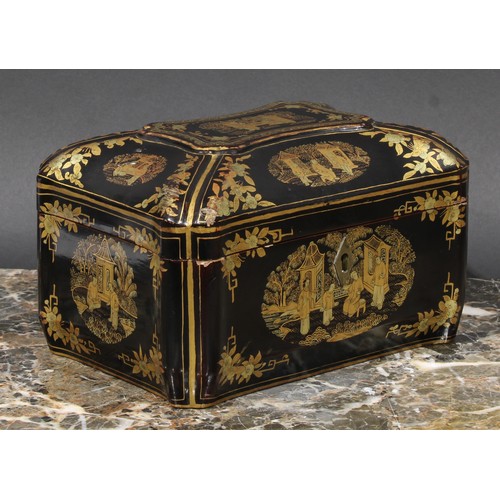 398 - A 19th century Chinese export lacquer tea caddy, decorated in gilt, hinged cover enclosing a pair of... 