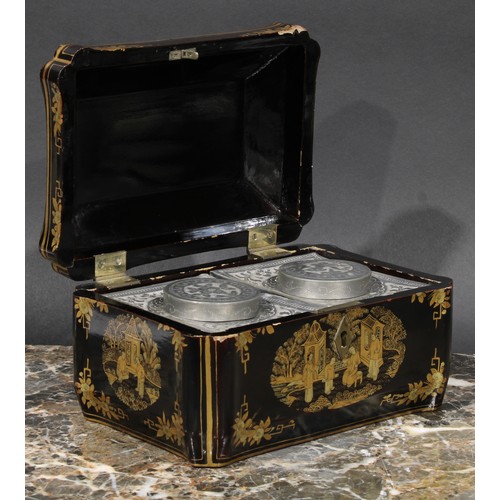 398 - A 19th century Chinese export lacquer tea caddy, decorated in gilt, hinged cover enclosing a pair of... 